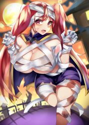 Rule 34 | 1girl, absurdres, bandaged arm, bandaged hand, bandages, blurry, breasts, cleavage, depth of field, female focus, fire emblem, fire emblem: three houses, full moon, halloween, highres, hilda valentine goneril, large breasts, long hair, matching hair/eyes, moon, mummy costume, nintendo, pink eyes, pink hair, solo, tagme, tiamat (momokuri mannen), torn clothes, twintails, underboob, very long hair