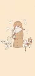 Rule 34 | 1girl, animal, artist name, braid, brown background, brown cat, brown coat, brown eyes, brown hair, brown theme, buttons, cat, coat, cotton (plant), covered mouth, cropped legs, double-breasted, expressionless, flower, grey cat, highres, holding, holding flower, holding plant, long sleeves, looking at viewer, medium hair, messy hair, necono naco, original, pastel colors, plant, polka dot, polka dot background, scarf, signature, solo, twin braids, white flower, white scarf