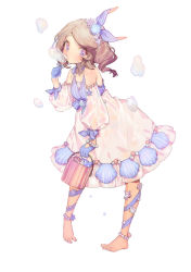 Rule 34 | 1girl, absurdres, anklet, barefoot, blue gloves, blush, bracelet, brown hair, blowing bubbles, bucket, character request, commentary request, copyright request, detached sleeves, dress, eyelashes, gloves, hair ornament, hand up, highres, holding, holding bucket, jewelry, leaning forward, leg ribbon, long hair, looking at viewer, ribbon, seashell, shell hair ornament, shell, simple background, solo, toes, white background, zuizi