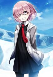 Rule 34 | 1girl, arms behind back, ayakura juu, black-framed eyewear, black dress, black pantyhose, blue sky, breath, commentary request, dress, fate/grand order, fate (series), glasses, jacket, looking at viewer, mash kyrielight, necktie, open clothes, open jacket, outdoors, pantyhose, pink hair, purple eyes, red necktie, short hair, sky, smile, snow, solo