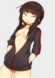 Rule 34 | 1girl, bikini, bikini bottom only, breasts, brown eyes, brown hair, cardigan, cleavage, grey background, hands in pockets, highres, jovejun, long hair, long sleeves, looking at viewer, medium breasts, navel, open mouth, original, simple background, slit pupils, solo, standing, swimsuit, tsubomioka happa, unzipped, wristband, zipper