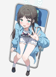 Rule 34 | 1girl, airi (band) (blue archive), airi (blue archive), black footwear, black hair, blue archive, blue jacket, blush, full body, green eyes, green halo, grey background, halo, highres, hoshiko (419401x), jacket, long hair, long sleeves, looking at viewer, official alternate costume, open mouth, pleated skirt, shirt, shoes, sitting, skirt, smile, socks, solo, white shirt, white skirt, white socks