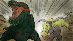 Rule 34 | abbbbbbk, claws, colored skin, crossover, dark skin, deviljho, emphasis lines, godzilla (series), godzilla and kong running (meme), godzilla x kong: the new empire, green skirt, highres, horns, king kong (series), legendary pictures, meme, monster, monster hunter (series), monsterverse, multiple crossover, muscular, no humans, open mouth, parody, rajang, red eyes, running, skirt, spikes, strong, toho