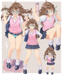 Rule 34 | 1girl, ;), ahoge, amemiya sekira, arm up, bag, black footwear, black skirt, blue panties, blush, brown hair, cellphone, chibi, clothes lift, collared shirt, commentary request, cup, disposable cup, dress shirt, drinking straw, glasses, green-framed eyewear, grey background, hair ornament, hairclip, hand on own hip, hand up, hands up, highres, holding, holding cup, holding phone, loafers, long hair, loose socks, multiple views, nail polish, one eye closed, open mouth, original, panties, phone, pink nails, pleated skirt, purple eyes, ribbed legwear, school bag, school uniform, sekira ame, shirt, shoes, skirt, skirt lift, smile, socks, standing, sweater vest, two side up, underwear, v, very long hair, white shirt, white socks, wind, wind lift