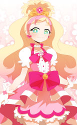Rule 34 | 1girl, bad id, bad pixiv id, blonde hair, bow, cure flora, earrings, gloves, go! princess precure, green eyes, haruno haruka, highres, jewelry, magical girl, pink bow, precure, simple background, smile, solo, tiara, traindraw, waist bow, white background