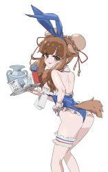 Rule 34 | 1girl, absurdres, alternate costume, bactrian camel (kemono friends), bare shoulders, blue leotard, blunt bangs, blush, brown eyes, brown hair, bun cover, camel ears, camel girl, camel tail, cowboy shot, detached collar, double bun, frilled leotard, frills, hair bun, highres, kemono friends, kunikuni (kunihiro2005), leotard, looking at viewer, looking back, playboy bunny, short hair, sidelocks, solo, strapless, strapless leotard, thigh strap, towel on arm, tray