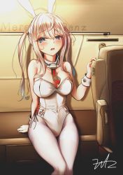 Rule 34 | 1girl, absurdres, adapted costume, animal ears, blonde hair, blue eyes, breasts, cross, detached collar, fake animal ears, fritz614, graf zeppelin (kancolle), hair between eyes, highres, iron cross, kantai collection, large breasts, leotard, necktie, pantyhose, playboy bunny, rabbit ears, red necktie, side-tie leotard, sidelocks, solo, strapless, strapless leotard, twintails, white pantyhose, wrist cuffs