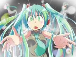 Rule 34 | 1girl, aqua eyes, aqua hair, aqua necktie, bad id, bad pixiv id, bare shoulders, breasts, collared shirt, fang, floating hair, gomicks, hatsune miku, headgear, headset, long hair, looking at viewer, necktie, open mouth, outstretched arms, palms, shade, shirt, sleeveless, sleeveless shirt, solo, twintails, upper body, very long hair, vocaloid, wide-eyed