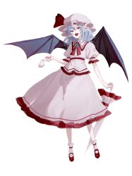 Rule 34 | 1girl, ascot, bat wings, blue hair, brooch, cup, fangs, frills, full body, hat, hat ribbon, highres, jewelry, looking at viewer, mary janes, mo (mokatampe), mob cap, open mouth, pointy ears, puffy short sleeves, puffy sleeves, red eyes, red footwear, red ribbon, remilia scarlet, ribbon, sash, shoes, short hair, short sleeves, simple background, skirt, skirt set, smile, socks, solo, touhou, white background, white socks, wings
