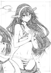 Rule 34 | 1girl, absurdres, bikini, blush, breasts, cowboy shot, greyscale, haruna (kancolle), headgear, highres, kantai collection, kojima takeshi, long hair, looking at viewer, medium breasts, monochrome, navel, own hands clasped, own hands together, smile, solo, solo focus, striped bikini, striped clothes, swimsuit, traditional media