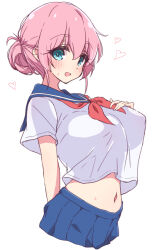 Rule 34 | 1girl, blue eyes, blue sailor collar, blue skirt, blush, bocchi the rock!, breasts, gotoh michiyo, hair between eyes, hair bun, heart, highres, large breasts, looking at viewer, mature female, mel (melty pot), navel, neckerchief, open mouth, pink hair, red neckerchief, sailor collar, school uniform, see-through silhouette, serafuku, shirt overhang, simple background, skirt, smile, solo, white background