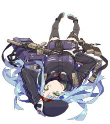 Rule 34 | 1girl, arm up, assault rifle, bag, beret, black footwear, black hat, black thighhighs, blue hair, boots, breasts, brown skirt, closed mouth, eyebrows hidden by hair, full body, girls&#039; frontline, gloves, green eyes, gun, h&amp;k hk416, hand on headwear, hat, heckler &amp; koch, highres, hk416 (girls&#039; frontline), holding, holding gun, holding weapon, light frown, long hair, long sleeves, looking at viewer, lying, name connection, ningen (ningen96), object namesake, on back, plaid, plaid skirt, pleated skirt, purple eyes, rifle, simple background, skirt, small breasts, solo, thighhighs, trigger discipline, very long hair, weapon, white background, white gloves