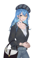 Rule 34 | 1girl, absurdres, bag, beret, blue eyes, blue hair, breasts, collarbone, collared shirt, denim, earrings, grey shirt, hair behind ear, handbag, hat, hievasp, highres, hololive, hoshimachi suisei, jeans, jewelry, long hair, own hands together, pants, plaid headwear, shirt, small breasts, smile, solo, t-shirt, virtual youtuber, watch, white shirt, wristwatch