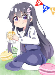 Rule 34 | 1girl, black hair, blue dress, blue eyes, blush, bread, closed mouth, commentary request, dress, flower, food, hair between eyes, hair flower, hair ornament, highres, holding, holding food, kapuru 0410, long hair, long sleeves, looking at viewer, macaron, melon bread, no shoes, pantyhose, pennant, pink flower, puffy long sleeves, puffy sleeves, school uniform, shirosaki hana, shirt, sleeveless, sleeveless dress, smile, solo, string of flags, translation request, very long hair, watashi ni tenshi ga maiorita!, white pantyhose, white shirt