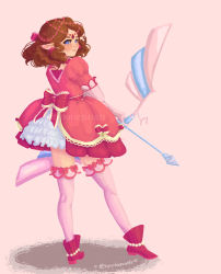 Rule 34 | 1girl, absurdres, arrow (projectile), blue eyes, bow (weapon), brown hair, dress, from behind, gloves, grin, highres, looking back, nintendo, pink dress, pointy ears, princess zelda, ribbon, smile, standing, the legend of zelda, the legend of zelda (nes), thighhighs, tiara, weapon