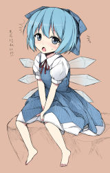 Rule 34 | 1girl, bad id, bad pixiv id, barefoot, blue eyes, blue hair, blush, bow, cirno, dress, female focus, hair bow, matching hair/eyes, open mouth, short hair, sitting, solo, ^^^, touhou, translation request, v arms, yatsune rika