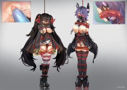 Rule 34 | 2girls, absurdres, arms behind back, ball gag, bdsm, black hair, blush, bondage, bound, breasts, brown eyes, collar, dildo gag, eyepatch, gag, gagged, girls&#039; frontline, hair ribbon, harness gag, highres, inset, kantai collection, large breasts, long hair, lumpychan, medium breasts, multiple girls, nipple clamps, nipple piercing, nipples, piercing, purple hair, pussy, red rope, ribbon, rolling eyes, rope, saliva, sex toy, shibari, short hair, slave, tenryuu (kancolle), torn clothes, twintails, type 97 (girls&#039; frontline), uncensored, very long hair, vibrator