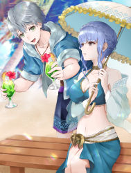 Rule 34 | 1boy, 1girl, :d, alternate costume, aplche, ashe ubert, bare shoulders, beach, bench, bikini, blue bikini, blue hair, blue hoodie, blue sarong, braid, breasts, choker, cleavage, collarbone, commentary request, crown braid, cup, drinking glass, fire emblem, fire emblem: three houses, green eyes, grey eyes, grey hair, highres, holding, holding cup, holding umbrella, hood, hood down, hoodie, large breasts, looking at another, looking at viewer, marianne von edmund, midriff, navel, nintendo, on bench, open mouth, sarong, shawl, sitting, smile, swimsuit, umbrella