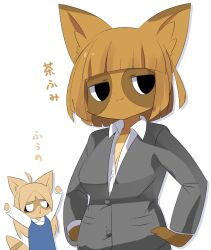 Rule 34 | 2girls, :3, animal ears, black eyes, black jacket, blazer, blue dress, blunt bangs, breasts, brown hair, chibi, chibi inset, closed mouth, collared shirt, commentary request, dark skin, dress, furry, furry female, hands on own hips, jacket, lets0020, long hair, long sleeves, looking at viewer, medium bangs, medium breasts, multiple girls, office lady, open mouth, original, pinafore dress, raccoon ears, raccoon girl, raccoon tail, shadow, shirt, short hair, simple background, sleeveless, sleeveless dress, smile, solo focus, tail, translation request, upper body, white background, white shirt
