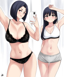 Rule 34 | 2girls, arm behind back, arm up, armpits, bare arms, bare shoulders, black bra, black hair, black panties, blush, boku no kokoro no yabai yatsu, bra, breasts, brown eyes, cellphone, cleavage, closed mouth, collarbone, commentary, contrapposto, cowboy shot, fingernails, gluteal fold, grey shorts, groin, highres, holding, holding phone, lace, lace-trimmed bra, lace-trimmed panties, lace bra, lace panties, lace trim, large breasts, long fingernails, long hair, looking at viewer, mole, mole on breast, mole on neck, mole on stomach, mole on thigh, mother and daughter, multiple girls, multiple moles, navel, panties, phone, short hair, short shorts, shorts, signature, smartphone, smile, split mouth, sports bra, standing, stomach, symbol-only commentary, thigh gap, underwear, underwear only, white sports bra, xter, yamada anna, yamada sanae (bokuyaba)