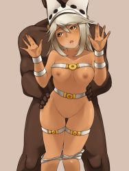 Rule 34 | 1boy, 1girl, against wall, belt, belt bra, bra, bra lift, breasts, censored, clothes pull, dark-skinned female, dark-skinned male, dark nipples, dark skin, doggystyle, faceless, faceless male, grabbing, grabbing from behind, guilty gear, guilty gear xrd, hands on another&#039;s hips, hat, heavy breathing, hetero, highres, interracial, long hair, nipples, orange eyes, ramlethal valentine, sakushin, sex, sex from behind, short shorts, shorts, shorts pull, silver hair, solo focus, thigh strap, torso grab, underboob, underwear