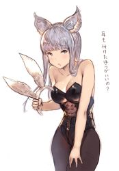 Rule 34 | 10s, 1girl, alternate costume, animal ears, bad id, bad twitter id, bare shoulders, black pantyhose, blush, breasts, cleavage, collarbone, fake animal ears, granblue fantasy, grey eyes, hanarito, holding, korwa, leotard, long hair, looking at viewer, medium breasts, open mouth, pantyhose, playboy bunny, rabbit ears, silver hair, simple background, solo, text focus, translation request, white background