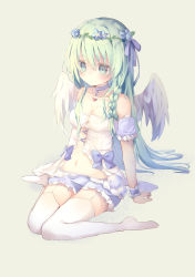 Rule 34 | 1girl, absurdres, asymmetrical wings, bad id, bad pixiv id, bare shoulders, blue flower, blue rose, blush, bow, braid, breasts, choker, cleavage, closed mouth, collarbone, commentary request, detached sleeves, feathered wings, flower, frilled shorts, frilled sleeves, frills, green background, green eyes, green hair, hair between eyes, hair flower, hair ornament, heart, highres, long hair, medium breasts, mismatched wings, no shoes, original, puffy short sleeves, puffy sleeves, purple bow, purple choker, purple shorts, purple sleeves, purple wings, rose, short shorts, short sleeves, shorts, side braid, single braid, sitting, solo, thighhighs, tsuruse, very long hair, wariza, white thighhighs, white wings, wings, wrist cuffs