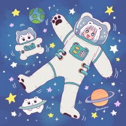 Rule 34 | 1girl, absurdres, aqua eyes, astronaut, bear, blush, earth (planet), emma (kumaema), full body, helmet, highres, looking at viewer, open mouth, original, planet, planetary ring, short hair, smile, solo, space, space helmet, spacesuit, star (symbol), twitter username, white hair