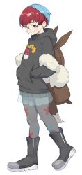 Rule 34 | 1girl, backpack, bag, blue hair, boots, brown bag, closed mouth, commentary request, creatures (company), frown, full body, game freak, glasses, hand in pocket, highres, hood, hoodie, makino harumaki, multicolored hair, nintendo, pantyhose, penny (pokemon), poke ball print, pokemon, pokemon sv, print pantyhose, red hair, round eyewear, see-through, see-through skirt, shorts, shorts under skirt, skirt, solo, standing, two-tone hair