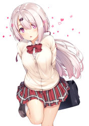 Rule 34 | 1girl, blush, bow, briefcase, brown cardigan, brown footwear, cardigan, collared shirt, dress shirt, hair between eyes, hair ornament, hair ribbon, hairclip, heart, highres, kneehighs, loafers, long hair, looking at viewer, low ponytail, nijisanji, parted lips, pink hair, plaid, plaid skirt, pleated skirt, ponytail, purple eyes, red bow, red ribbon, red skirt, ribbon, school briefcase, shiina yuika, shiina yuika (1st costume), shirt, shoes, simple background, skirt, socks, solo, standing, standing on one leg, very long hair, virtual youtuber, white background, white shirt, white socks, yuuri nayuta