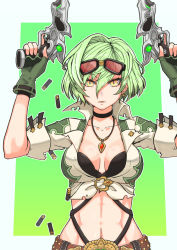 Rule 34 | 1girl, arms up, black choker, blue background, breasts, character request, choker, collarbone, commentary request, dual wielding, earrings, fingerless gloves, gloves, goggles, goggles on head, gradient background, green background, green gloves, green hair, gun, hair between eyes, handgun, holding, holding gun, holding weapon, jewelry, looking at viewer, medium breasts, navel, parted lips, pendant, puzzle &amp; dragons, shibumi, shirt, short sleeves, solo, tied shirt, two-tone background, upper body, weapon, white background, white shirt, yellow eyes