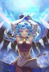 Rule 34 | 1girl, ahoge, bare shoulders, bell, black gloves, black legwear, black leotard, blue hair, bodystocking, bodysuit, breasts, chinese knot, clothes lift, detached sleeves, flower knot, ganyu (genshin impact), genshin impact, gloves, gold trim, groin, highres, horns, leotard, leotard under clothes, long hair, looking at viewer, medium breasts, neck bell, open mouth, orb, pelvic curtain, pelvic curtain lift, purple eyes, red rope, rope, satta (uvoooe), sidelocks, signature, solo, standing, tassel, thigh gap, thighs, vision (genshin impact), white sleeves, wind, wind lift