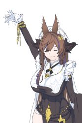 Rule 34 | 1girl, animal ears, arm up, asymmetrical clothes, breasts, brown hair, closed eyes, detached sleeves, eudoxia, frilled sleeves, frills, galleon (granblue fantasy), gameplay mechanics, gloves, granblue fantasy, highres, horns, large breasts, long hair, multicolored hair, solo, streaked hair, very long hair, white background, white gloves