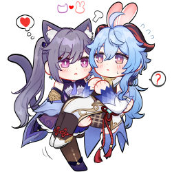 Rule 34 | 1girl, 2girls, :o, puff of air, ?, ahoge, animal ear fluff, animal ears, bare shoulders, black bodysuit, black pantyhose, blue hair, blush, bodystocking, bodysuit, bow, carrying, cat, cat ears, cat tail, chibi, chinese knot, collared dress, commentary, couple, curled horns, detached sleeves, diamond-shaped pupils, diamond (shape), dress, earrings, flower knot, ganyu (genshin impact), genshin impact, goat horns, gold trim, gradient eyes, hair between eyes, hair bow, hair ornament, heart, highres, horns, jewelry, keqing (genshin impact), kuma yum24, long hair, looking at viewer, motion lines, multicolored eyes, multiple girls, neck tassel, orange eyes, own hands together, pantyhose, princess carry, purple eyes, purple footwear, purple hair, purple tail, rabbit, rabbit ears, sidelocks, simple background, single earring, speech bubble, sweat, sweatdrop, symbol-shaped pupils, tail, tassel, thought bubble, triangle mouth, twintails, white background, white footwear, white sleeves, yuri