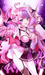 Rule 34 | 1girl, absurdres, black skirt, black thighhighs, breasts, character name, choker, cropped jacket, demon girl, demon horns, demon tail, demon wings, earrings, head wings, heart, heart choker, heart earrings, heart print, highres, horns, ironmouse, ironmouse (13th costume), jacket, jewelry, large breasts, long hair, looking at viewer, multicolored hair, multiple wings, necrotenshi, open mouth, pantyhose, pink choker, pink hair, pink jacket, pink shirt, purple eyes, purple hair, red eyes, shirt, single leg pantyhose, single thighhigh, skirt, sleeveless, sleeveless shirt, sleeves past fingers, sleeves past wrists, smile, solo, streaked hair, tail, thighhighs, twintails, virtual youtuber, vshojo, white pantyhose, wings