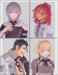 Rule 34 | 2boys, 2girls, abs, absurdres, aiokosaio, balthus von albrecht, black hair, blonde hair, cape, chain, closed mouth, collage, constance von nuvelle, dark skin, earrings, epaulettes, fire emblem, fire emblem: three houses, garreg mach monastery uniform, hairband, hand fan, hapi (fire emblem), highres, jewelry, lipstick, long hair, looking at viewer, makeup, matching hair/eyes, medium hair, midriff, multicolored hair, multiple boys, multiple girls, nintendo, open clothes, open mouth, open shirt, ornament, purple eyes, purple hair, purple lips, red eyes, red hair, short hair, sideburns, simple background, smile, two-tone hair, uniform, upper body, white background, yuri leclerc