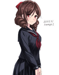 Rule 34 | 1girl, alternate costume, black serafuku, black shirt, black skirt, blush, bow, breasts, brown hair, drill hair, hair bow, hair ornament, harukaze (kancolle), kantai collection, kurage1, long hair, long sleeves, looking at viewer, one-hour drawing challenge, pleated skirt, red bow, red eyes, red neckwear, school uniform, serafuku, shirt, simple background, skirt, smile, solo, twin drills, twitter username, white background