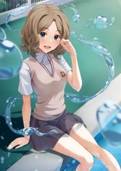 Rule 34 | 1girl, :d, adjusting hair, arm support, bare legs, blue eyes, blush, breasts, brown hair, brown sweater vest, collared shirt, commentary request, fantasy, fence, grey skirt, highres, hydrokinesis, k3rd, legs, looking at viewer, open mouth, parted bangs, parted hair, pleated skirt, pool, poolside, psychic, school uniform, science fiction, shirt, short hair, short sleeves, sitting, skirt, smile, soaking feet, solo, sweater vest, thighs, toaru kagaku no railgun, toaru majutsu no index, tokiwadai school uniform, wannai kinuho, water, water drop, wet, white shirt