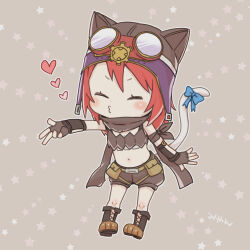 Rule 34 | 1girl, alternate color, animal ear headwear, blue bow, blush, boots, bow, brown background, brown footwear, brown gloves, brown headwear, brown shorts, brown tube top, cat tail, chibi, closed eyes, closed mouth, commentary request, fake animal ears, fingerless gloves, flat chest, full body, gloves, goggles, goggles on headwear, heart, lowres, medium hair, midriff, miyan (shamigame), navel, o3o, ragnarok masters, ragnarok online, ranger (ragnarok online), red hair, scarf, shorts, solo, star (symbol), strapless, tail, tail bow, tail ornament, tube top