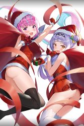Rule 34 | 2girls, alternate costume, ass, blush, breasts, hair ornament, hat, highres, hololive, large breasts, long hair, looking at viewer, minato aqua, multiple girls, murasaki shion, no panties, ohihil, purple eyes, santa costume, santa hat, silver hair, simple background, sleeveless, virtual youtuber, white background, yellow eyes