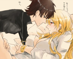 Rule 34 | 1boy, 1girl, bad id, bad pixiv id, bare legs, blonde hair, boy on top, breasts, brown hair, cassock, cleavage, cross, cross necklace, earrings, covered erect nipples, fate/stay night, fate/zero, fate (series), gender request, genderswap, gilgamesh (fate), gilgamesh-ko, jewelry, kotomine kirei, large breasts, long hair, nagoneharuki, naked shirt, necklace, no bra, red eyes, shirt, translation request