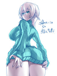 Rule 34 | 1girl, ahoge, ass, blush, breasts, dress, female focus, from behind, from below, green eyes, large breasts, legs, long hair, looking back, naked sweater, no bra, original, ribbed sweater, short hair, simple background, solo, standing, sweater, sweater dress, thighs, tight clothes, tight dress, tokita monta, white background, white hair