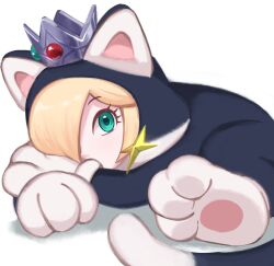 Rule 34 | 1girl, absurdres, animal costume, animal ears, animal hands, animal hood, blonde hair, blue eyes, cat costume, cat ears, cat rosalina, cat tail, covered mouth, crown, earrings, eyelashes, gloves, hair over one eye, highres, hood, jewelry, looking at viewer, mario (series), nintendo, paw gloves, rosalina, sasaki sakiko, solo, star (symbol), star earrings, super mario 3d world, tail, white background
