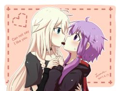 Rule 34 | 2girls, aqua eyes, arm around back, blonde hair, blush, collarbone, commentary request, dated, english text, face-to-face, heart, hood, hood down, hoodie, ia (vocaloid), jazu, long hair, long sleeves, looking at another, low twintails, mouth hold, multiple girls, purple eyes, purple hair, short hair with long locks, short sleeves, signature, sweat, twintails, upper body, vocaloid, yuri, yuzuki yukari