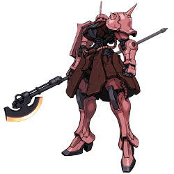 Rule 34 | axe, clenched hand, gundam, highres, holding, holding axe, horns, mecha, mobile suit, mobile suit gundam, nagano mamoru (style), one-eyed, parody, red eyes, robot, shoulder spikes, single horn, solo, spikes, standing, style parody, takekawa shin, white background, zaku ii s char custom