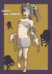 Rule 34 | 2018, black nails, bloody marie (skullgirls), border, one eye covered, ghost, grey hair, hair ornament, halloween, hat, highres, mummy costume, nail polish, navel, open mouth, orange background, purple border, red eyes, skull hair ornament, skullgirls, smile, standing, stitches, suitti, toenail polish, toenails, top hat, twintails