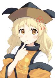 Rule 34 | 1girl, black trim, blonde hair, blush stickers, brown hat, commentary, constellation print, detached sleeves, finger to own chin, hair ornament, hair ribbon, hat, highres, iyo mamoru, layered sleeves, long hair, long sleeves, looking at viewer, matara okina, open mouth, orange sleeves, orange tabard, red ribbon, ribbon, shirt, solo, tabard, tassel, tassel hair ornament, touhou, upper body, white background, white shirt, wide sleeves, yellow eyes