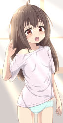 Rule 34 | 1girl, :d, ahoge, bare shoulders, blush, breasts, brown eyes, brown hair, collarbone, commentary request, hand up, highres, long hair, looking at viewer, no pants, off shoulder, open mouth, original, panties, shirt, short sleeves, small breasts, smile, solo, striped clothes, striped panties, striped shirt, takasuma hiro, underwear, white shirt