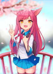 Rule 34 | 1girl, absurdres, academy ahri, ahri (league of legends), animal ears, bad id, bad pixiv id, black thighhighs, breasts, cleavage cutout, clothing cutout, dduck kong, facial mark, fox ears, hair ornament, hairclip, heart, heart hair ornament, highres, league of legends, long hair, looking at viewer, looking up, open mouth, red hair, school uniform, skirt, solo, thighhighs, v, whisker markings, yellow eyes