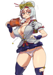 Rule 34 | 1girl, aged up, breasts, cleavage, eating, eyeshadow, food, glasses, large breasts, legs, looking at viewer, makeup, meat, nail polish, nintendo, purah, short hair, silver hair, simple background, skirt, solo, standing, the legend of zelda, the legend of zelda: breath of the wild, the legend of zelda: tears of the kingdom, thighhighs, torn clothes, underwear, white background